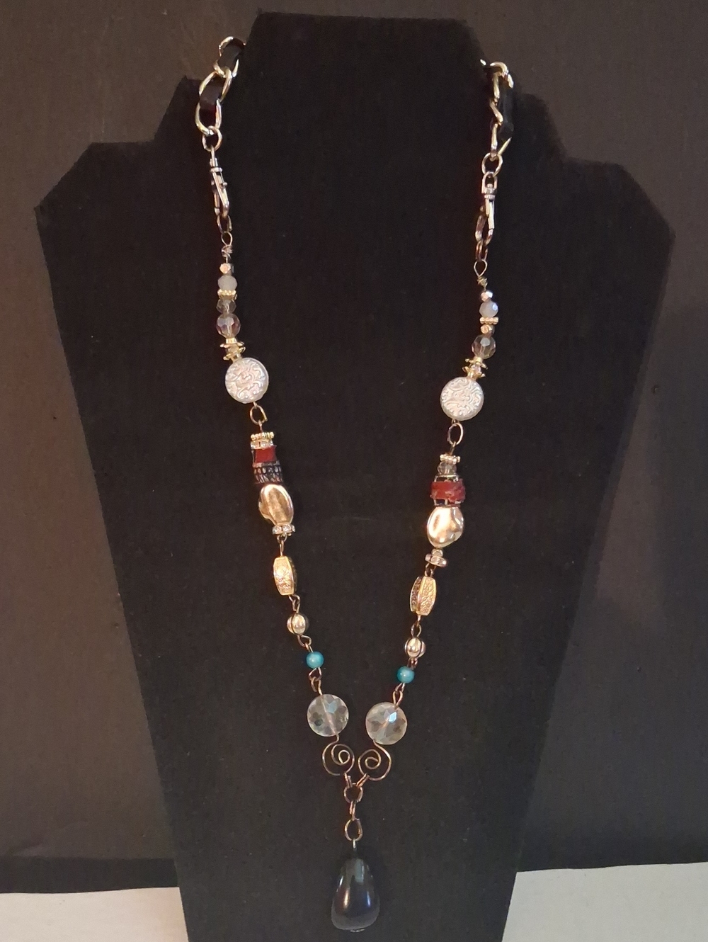 Handcrafted Gold-Tone Beaded Pendant Necklace with Black Teardrop- By CSV